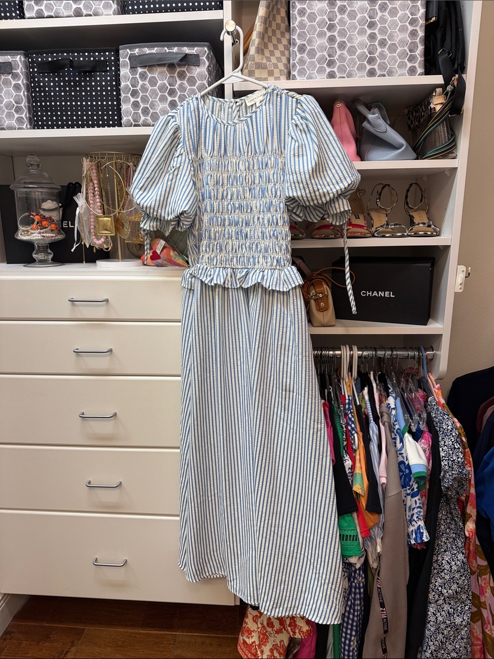 entro Blue & White Striped Smocked Puff-Sleeve Women's Dress